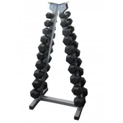 SALE: 1-10kg "Class A" Rubber Hex Dumbbell Set With Triangular Storage Rack