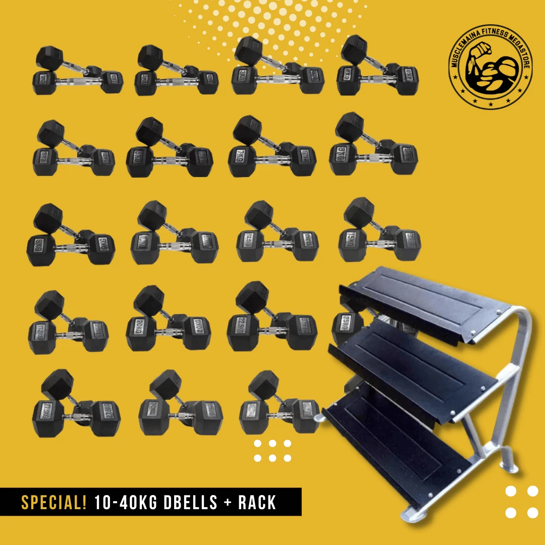10-40kg "Class A" Rubber Hexagonal Dumbbell Set With Morgan 3-Tier Dumbbell Rack (FULL SET Of 13 Pairs) 1 10-40kg "Class A" Rubber Hexagonal Dumbbell Set With Morgan 3-Tier Dumbbell Rack (FULL SET Of 13 Pairs)
