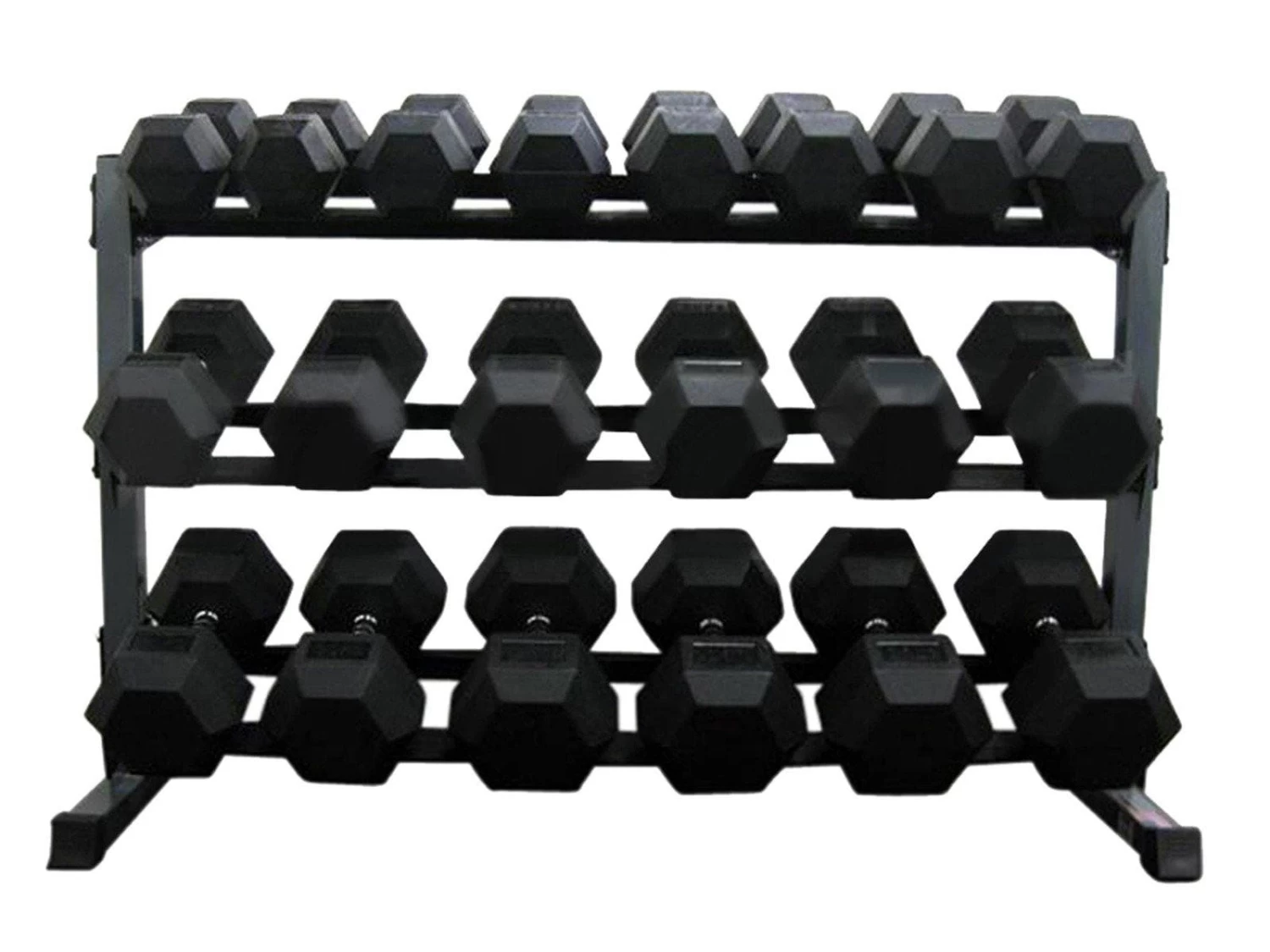 1-50kg Rubber Hexagonal "Class A" Dumbbell Set With TWO X 3-Tier Dumbbell Racks 3 1-50kg Rubber Hexagonal "Class A" Dumbbell Set With TWO X 3-Tier Dumbbell Racks - Image 3